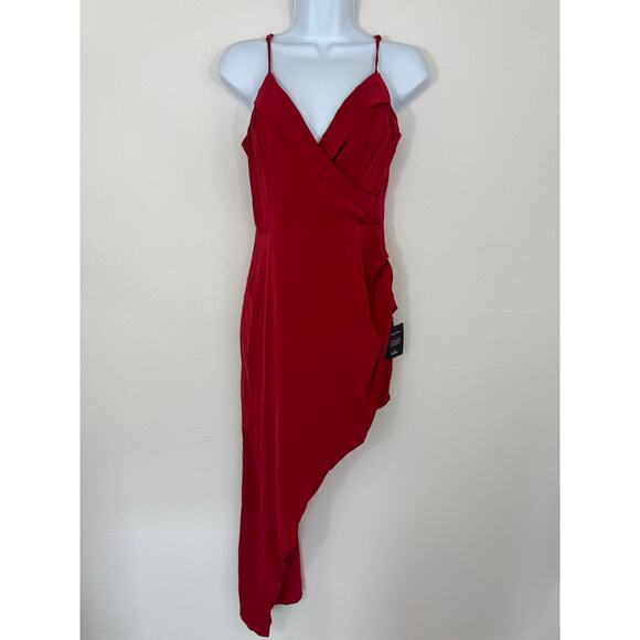 Lulus Red Asymmetrical Wrap Midi Dress Size Small NWT High Low Hem - Picture 1 of 11